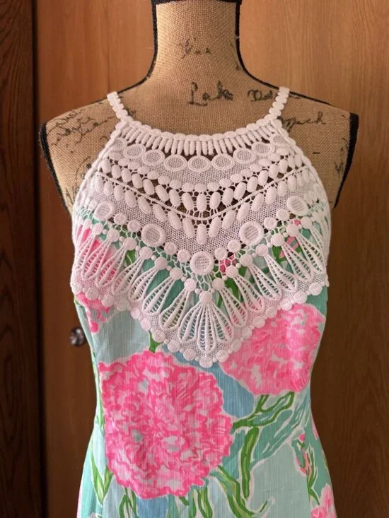 LILLY PULITZER SZ 10 Pearl Shift Floral Dress Poolside Halter Crochet VACATION - Picture 7 of 8